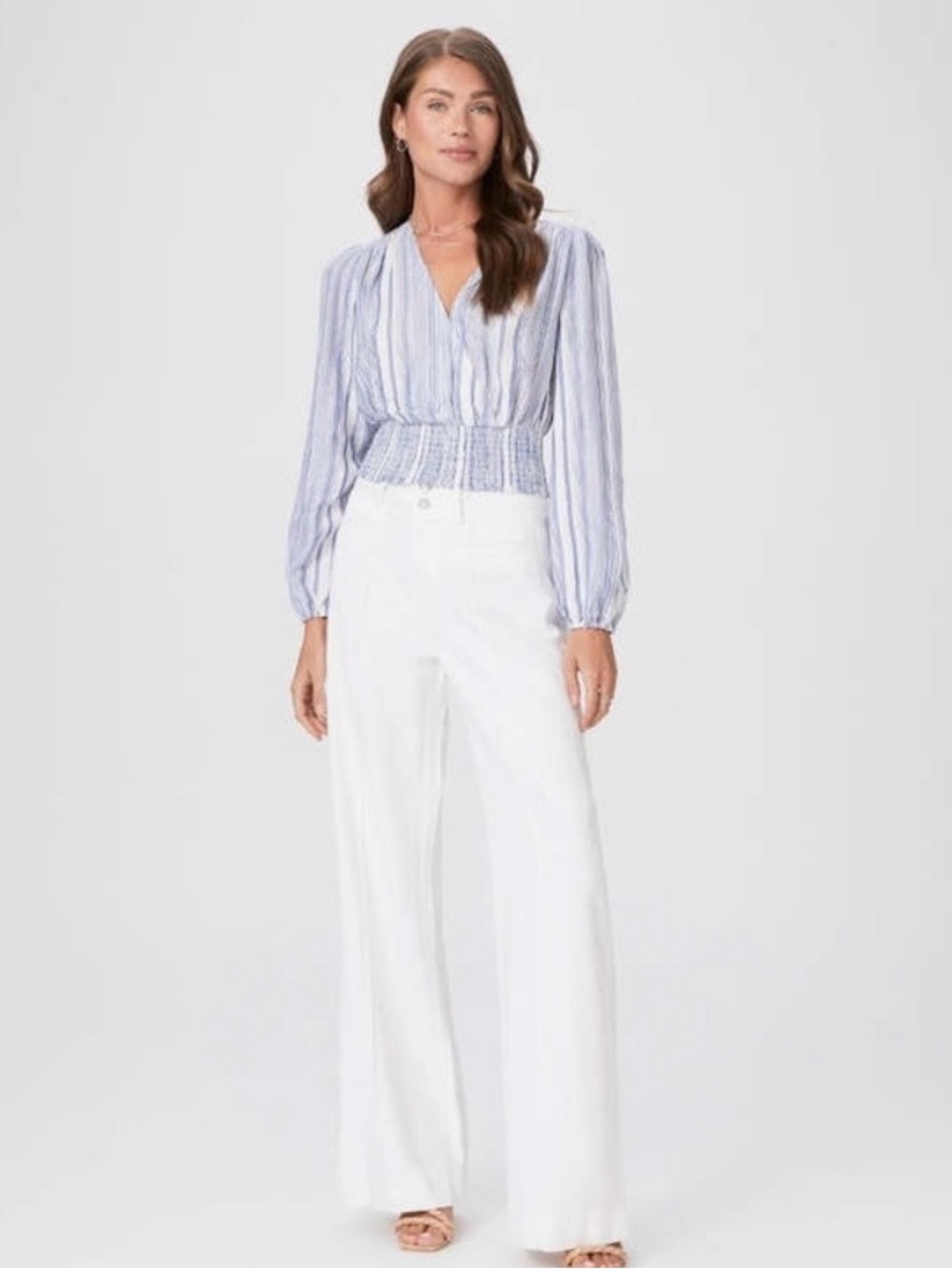 PAIGE Blue and White Striped V-Neck Smocked Waist Blouse